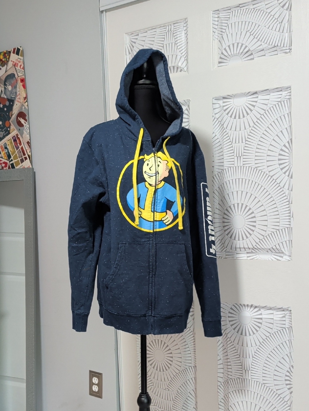 Navy Vault Boy Zip-Up Hoodie with Yellow Accent